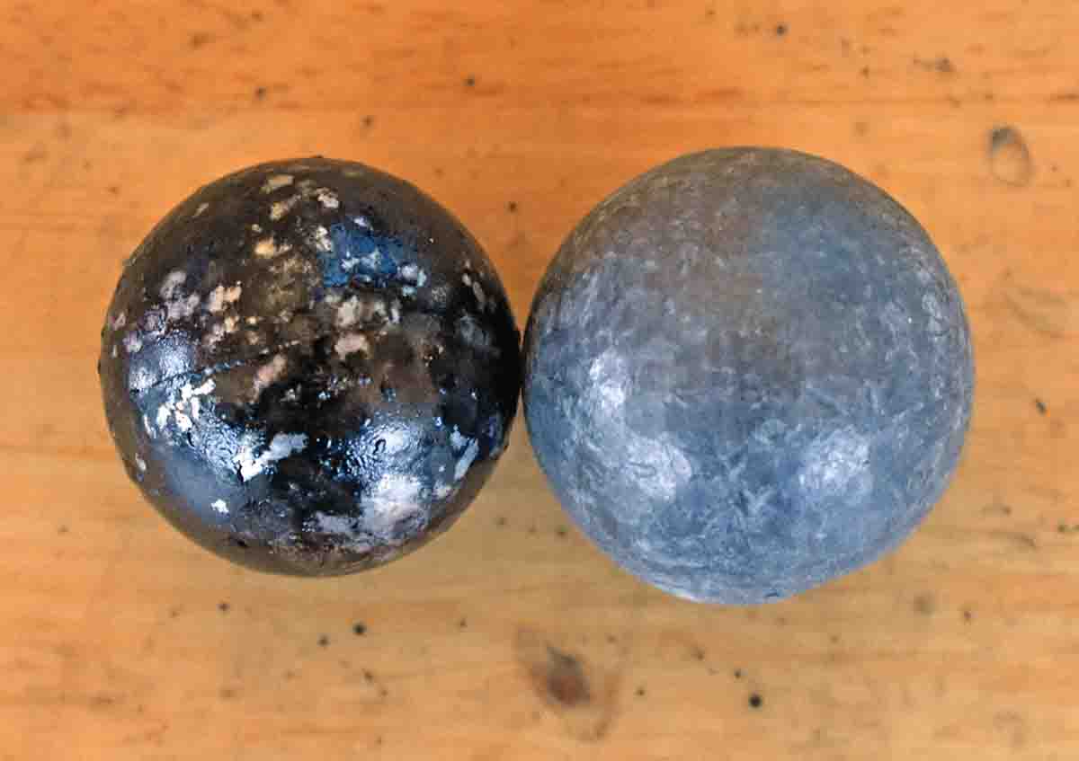 A full 4-bore roundball on the right is 1.052 in diameter and weighs four ounces or 1,750 grains. The ball on the left is a common 4-bore measuring .970 and weighs 1,400 grains.